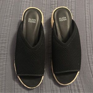 Eileen Fisher Tali Womans Espadrille Wedge Slide Sandal Black Fabric Mesh 9